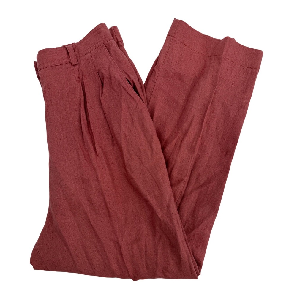 GETT Womens 100% Linen High Rise Pleated Wide Leg Trousers Terracotta Rose Sz M